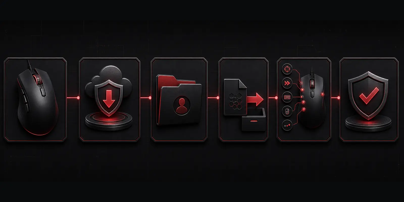 Six-stage workflow from compatible mouse and official download to profile, macro import, button assignment, and verification