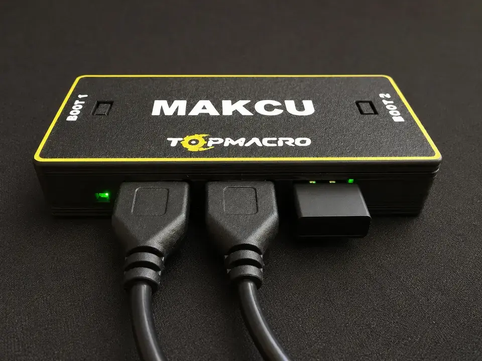 Готовая Makcu плата в фирменном корпусе TopMacro с подключёнными USB-кабелями
