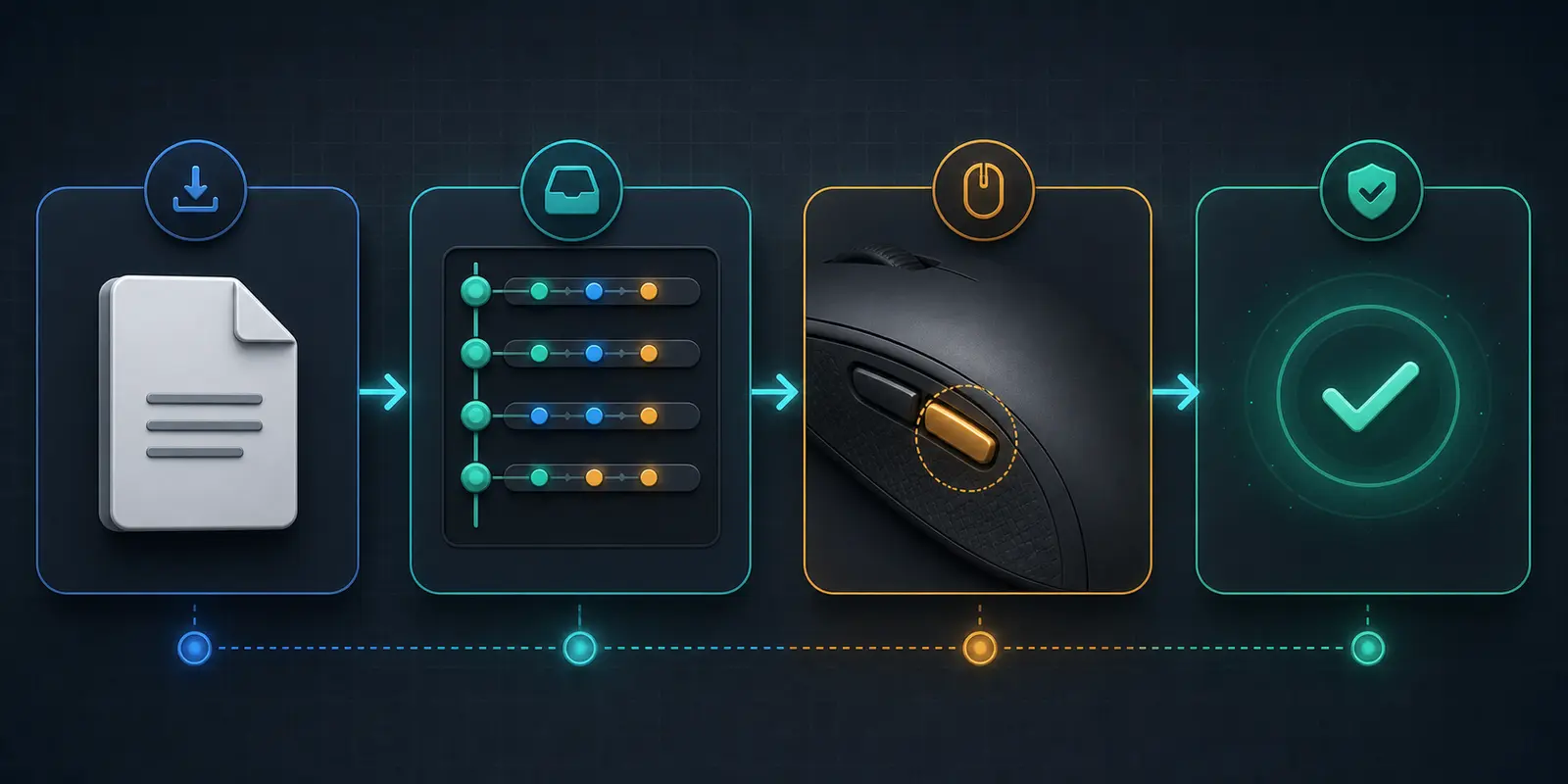 Flusso in quattro fasi: importazione del file, controllo della sequenza, assegnazione al mouse e prova controllata